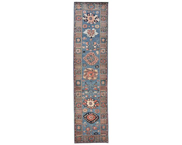 12 Ft Blue Aryana Afghan Hand Knotted Veg Dye Wool Runner Rug